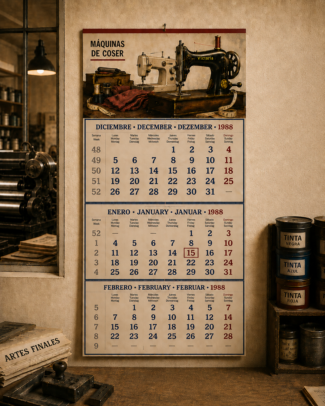 Calendario de pared de tres meses, 1988